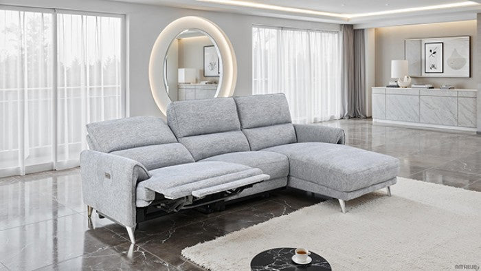 ***New Years Sale Event Going On Now***CM9938GY-R 2 pc Brande grey chenille fabric sectional sofa with power motion recliner and chaise on sale at ambfurniture.com