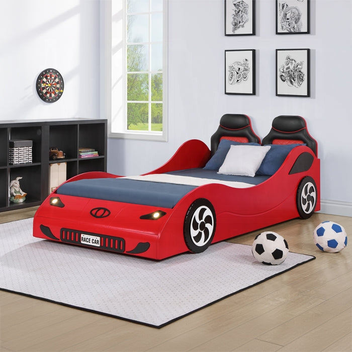 BD02831T Colen red finish wood twin size race car bed with led lights and padded headboard on sale at ambfurniture.com