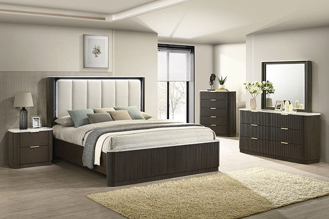 FM72014DW-4PC 4 pc Lantrisant dark walnut finish wood reeded LED accent lighting padded headboard queen bedroom set