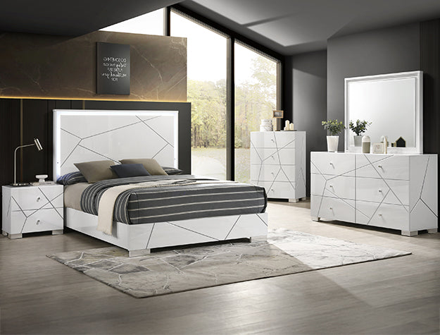 ***Early Black Friday Sale Going On Now***B4520 4 pc Ayla gloss white wood finish geometric design headboard LED lighted queen bedroom set on sale at ambfurniture.com