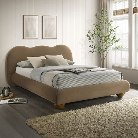 FM72005BR Finamore brown velvet fabric upholstered and tufted natural oak legs camel back style queen bed