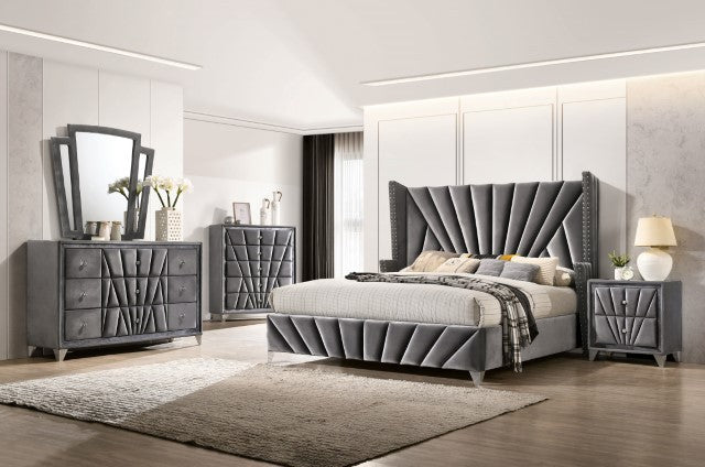 CM7164 4 pc Carissa gray fabric upholstered art deco style design queen bedroom set. ***Savings Sale Event Going On Now***Discounted Price When You Add To Cart up to 35% off. Click Financing For Easy Payment Options at ambfurniture.com