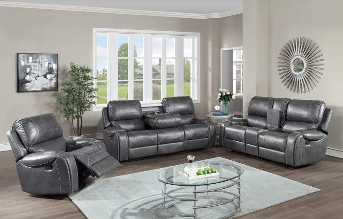 8025-3PC 3 pc Grey faux leather sofa, loveseat and chair set with standard motion recliners USB ports and charging. ***Memorial Day Savings Sale Event Going On Now***Discounted Price When You Add To Cart up to 35% off.