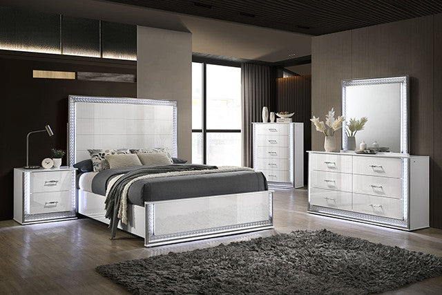 FM72010WH-4PC 4 pc set Hazeline white finish wood crystal like accents headboard queen bedroom set LED lighted accents