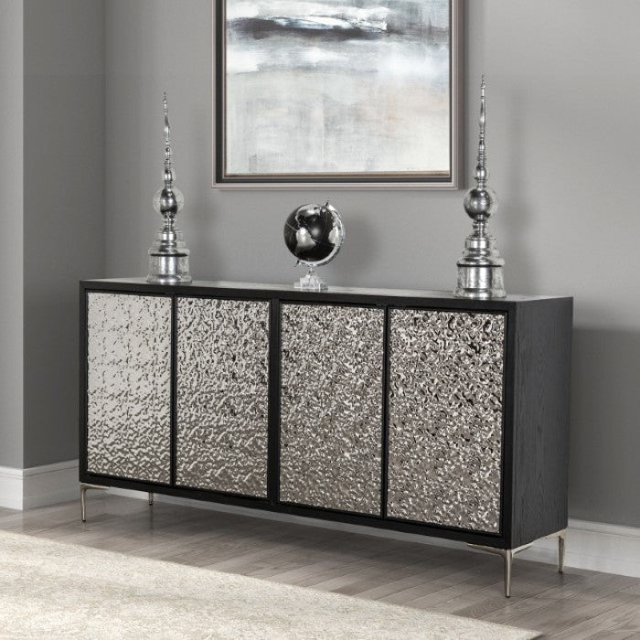 FM-AC9000-SV Beckham weathered black finish wood hammered stainless steel 72" 4 door buffet sideboard server cabinet