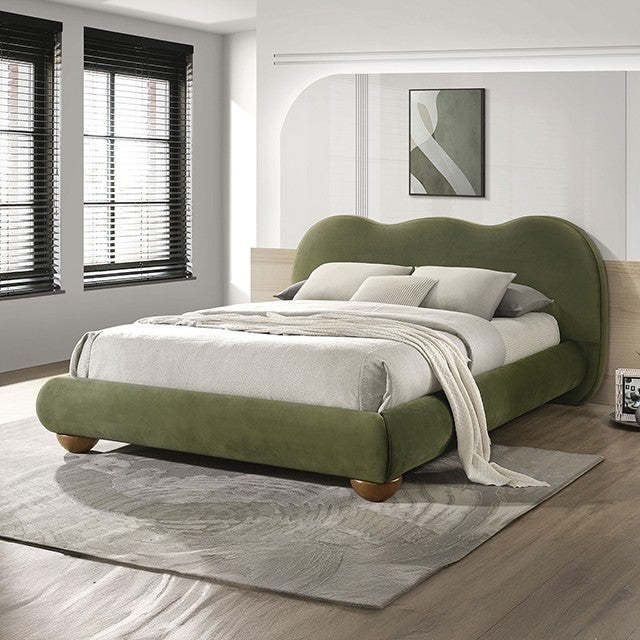 FM72005GR Finamore olive green velvet fabric upholstered and tufted natural oak legs camel back style queen bed