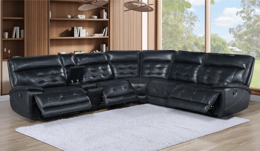 Warner-Sect 3 pc Warner black faux leather sectional sofa set with recliner ends wireless charging pad on cup console