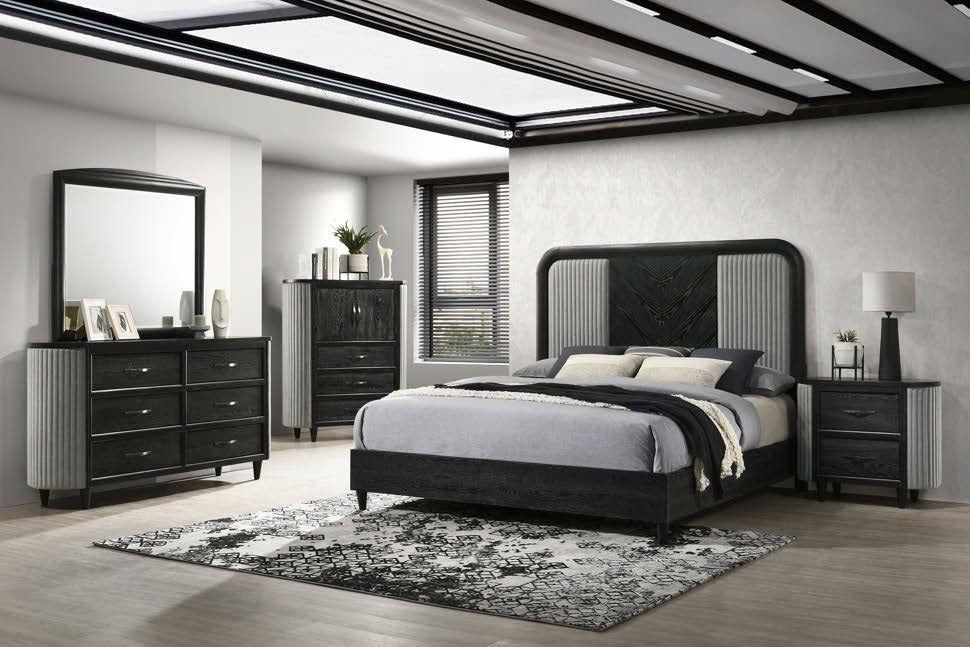 00-81434-4PC 4 pc Skyline onyx black finish wood padded headboard mid century modern queen bed set
