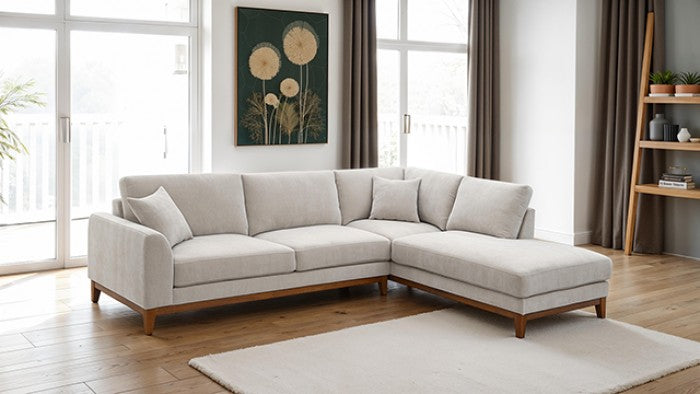 ***Early Black Friday Sale Going On Now***FM64008TP-SECTR 2 pc Watton light grey fabric warm walnut finish wood trim sectional sofa RAF chaise on sale at ambfurniture.com