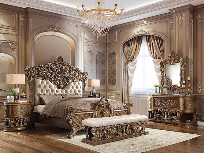 Acme BD00471EK-4PC 4 pc Astoria grand constantine antique gold finish wood french inspired baroque ornate eastern king bed set on sale at ambfurniture.com