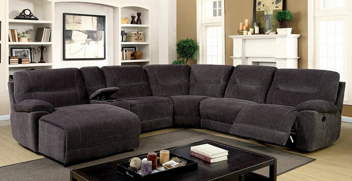 CM6853 6 pc Zuben gray chenille fabric sectional sofa with recliner and chaise. ***Memorial Day Savings Sale Event Going On Now***Discounted Price When You Add To Cart up to 35% off. Click Financing For Easy Payment Options at ambfurniture.com