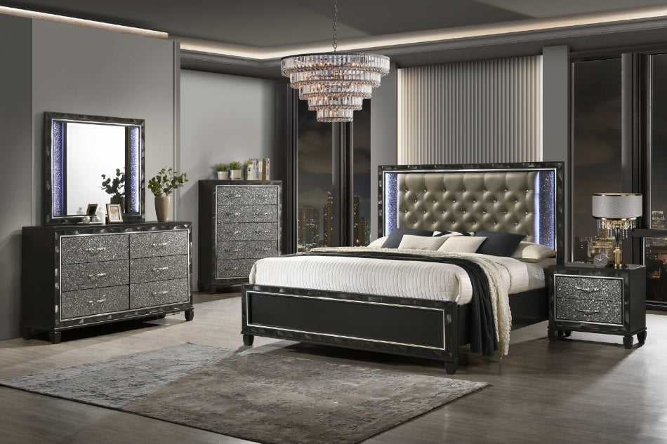 ***Early Black Friday Sale Going On Now***00-976K-4PC 4 pc Radiance black pearl finish wood tufted queen bed set LED lighting and shimmering accents on sale at ambfurniture.com