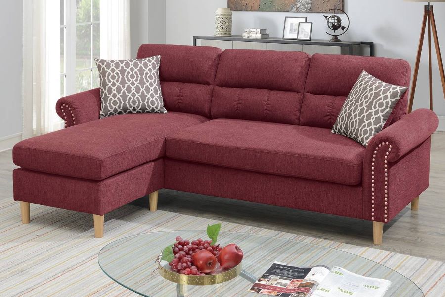 ***Early Black Friday Sale Going On Now***$279.64 Poundex F6449 2 pc leta paprika red velvet fabric apartment size sectional sofa reversible chaise on sale at ambfurniture.com