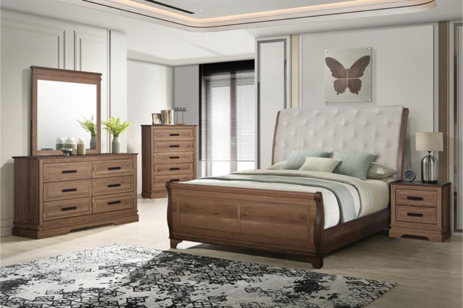 00-B1828-4PC 4 pc Coventry hall natural finish wood farmhouse style fabric upholstered headboard queen bed set