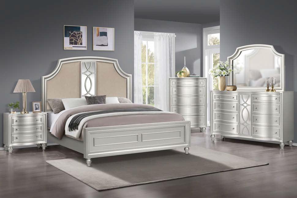 00-4627-4PC 4 pc Reflections silver finish wood padded headboard queen bed set mirrored accents
