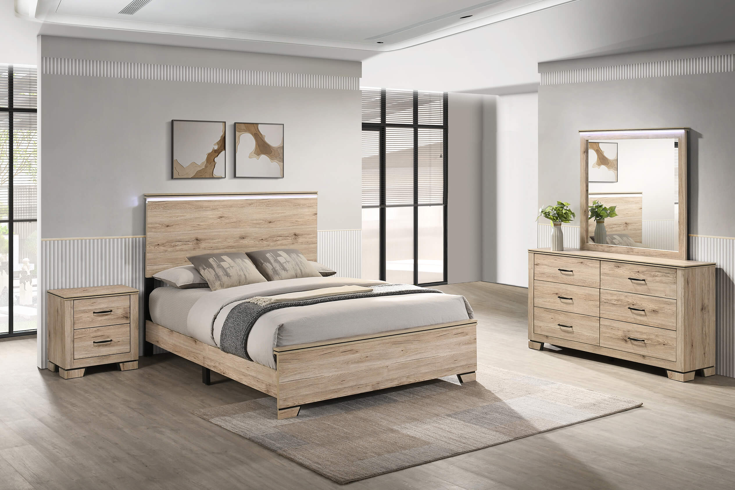 ***Christmas Sale Going On Now***B831-4PC 4 pc Elijah light oak wood grain finish wood LED accent lighting queen bedroom set on sale at ambfurniture.com