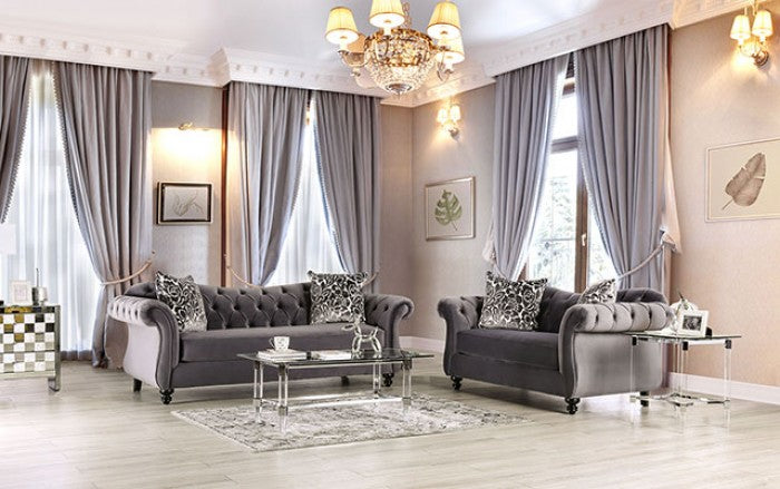 SM2229 2 pc Rosorf park Antionette gray velvet fabric sofa and love seat set tufted backs. ***Black Friday Sale Going On Now***Discounted Price When You Add To Cart up to 35% off. Click Acima Leasing Easy Lease and Application Process at ambfurniture.com