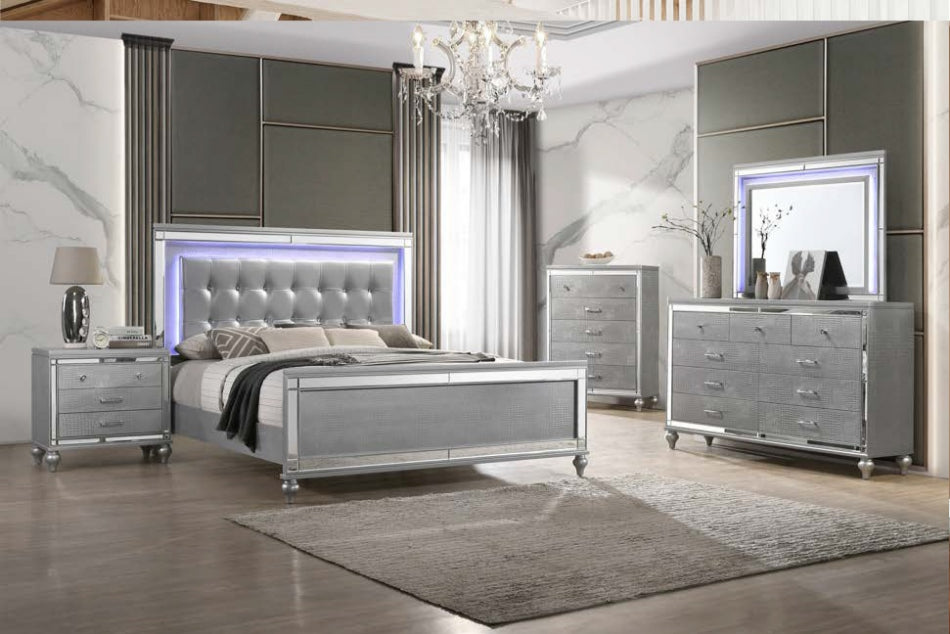 00-9698S-4PC 4 pc Valentino silver finish wood tufted faux leather headboard LED accents queen bed set