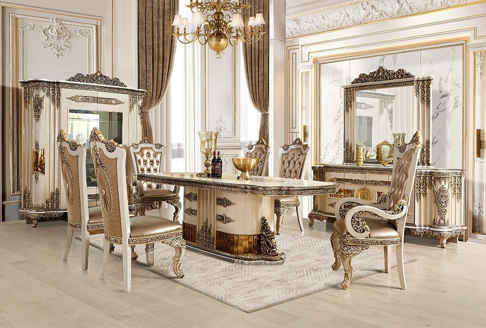 ***Christmas Sale Going On Now***HD-1881-7PC Two tone ornate gold and cream finish top pedestal dining table set tufted high back tufted chairs on sale at ambfurniture.com