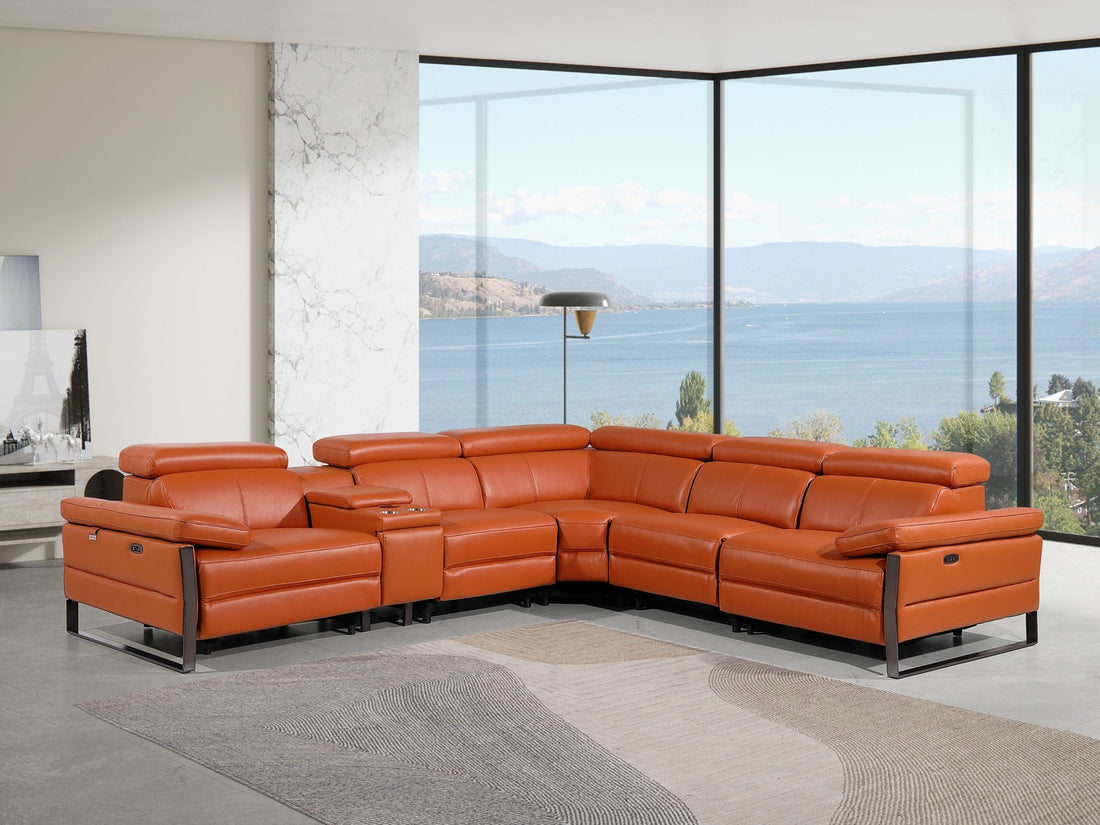 Global United 1246CM-6PC 6 pc Divan camel italian leather power reclining sectional sofa power adjustable headrests wireless charging on sale at ambfurniture.com