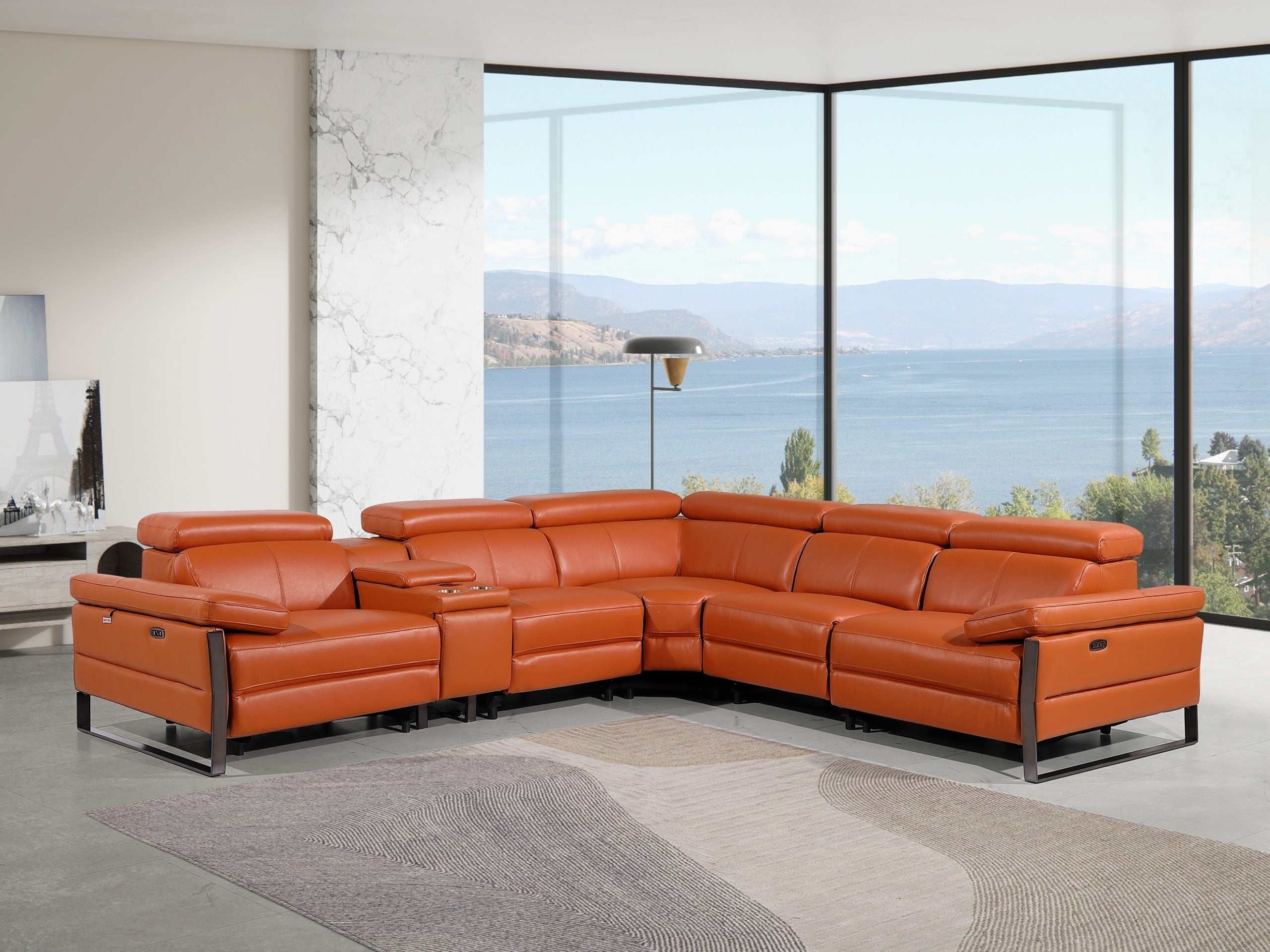 Global United 1246CM-6PC 6 pc Divan camel italian leather power reclining sectional sofa power adjustable headrests wireless charging on sale at ambfurniture.com