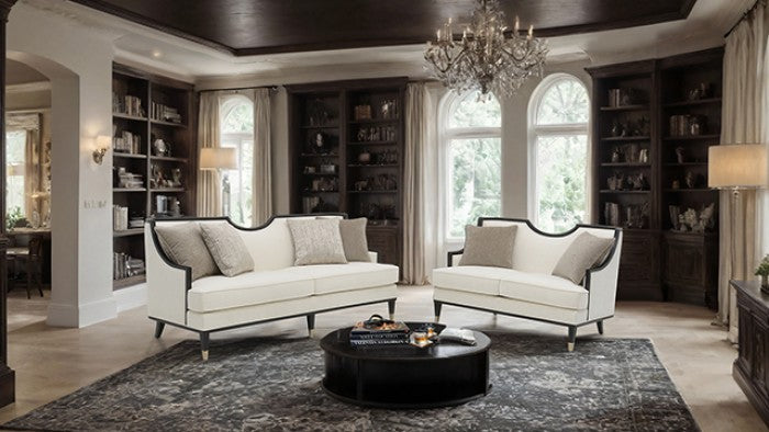 ***Christmas Sale Going On Now***FM67005WH-SL 2 pc La Salle white chenille fabric with black wood trim accents feather blend sofa and love seat set on sale at ambfurniture.com