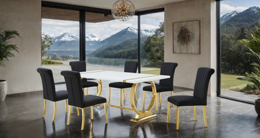 FM37007GD-BK-5PC 5 pc Holbaek gold finish base white top modern 60" dining table set black fabric chairs