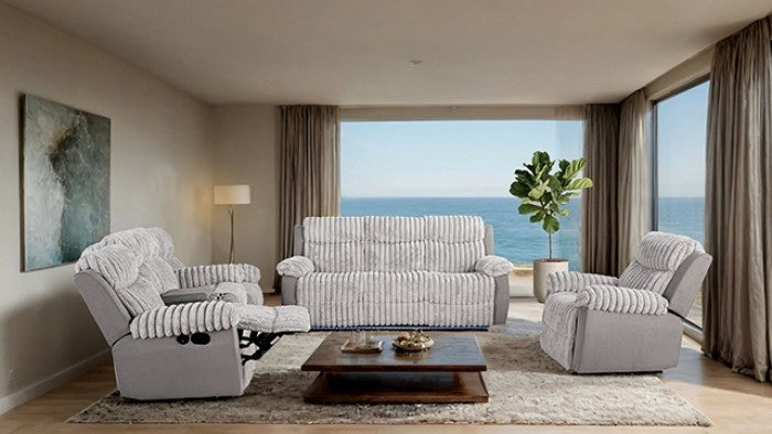 ***Early Black Friday Sale Going On Now***FM64004GY 2 pc Dionysus two tone grey wde channel fabric sofa and love seat with recliner ends cup console USB charging on sale at ambfurniture.com