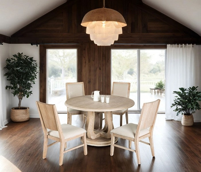 FM3601NT-RT-5PC 5 pc Orbetello distressed natural finish wood transitional 54" round dining table set with fabric seats on sale at ambfurniture.com