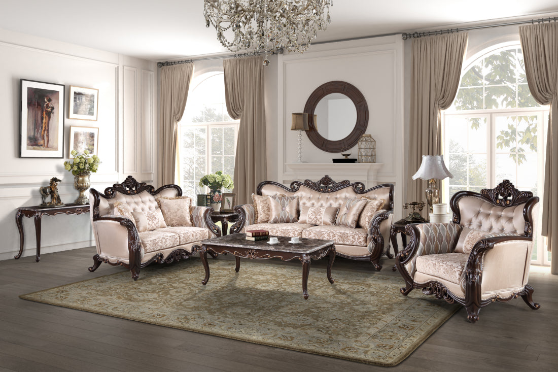 U532T-2PC 2 pc Royal classics Constantine cherry finish wood traditional style sofa and love seat set carved accents 18th century