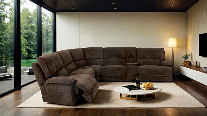 CM9932DB-PM 3 pc Demasus java brown textured fabric sectional sofa with power motion recliner ends and USB plugs