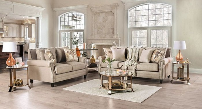 SM2676 2 pc Giovanni beige linen like fabric sofa and love seat set nail head trim. ***Labor Day Sale Going On Now***Discounted Price When You Add To Cart up to 35% off. Click Acima Leasing Easy Lease and Application Process at ambfurniture.com