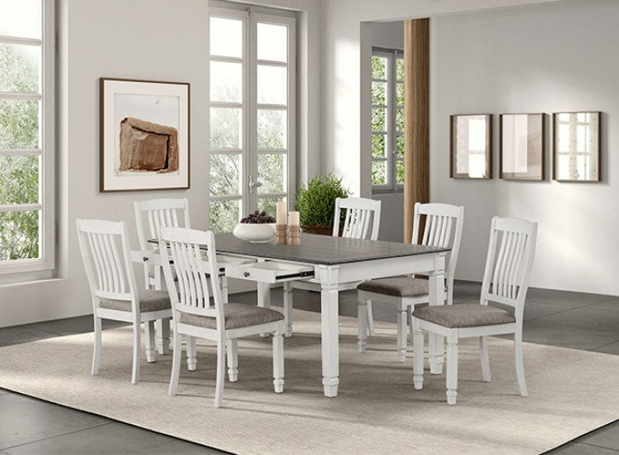 ***Early Black Friday Sale Going On Now***FM3427WH-7PC 7 pc Pendola rustic antique white finish wood two tone farmhouse dining table set with drawers