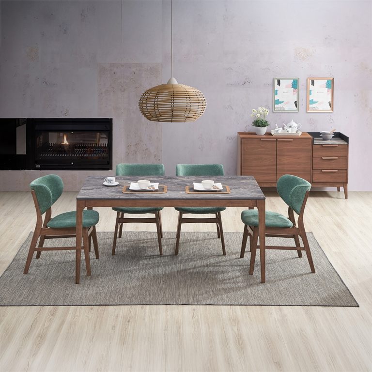 ***Early Black Friday Sale Going On Now***Acme DN02312-14 5 pc bevis walnut finish wood and engineered stone top mid century modern dining table set green chairs