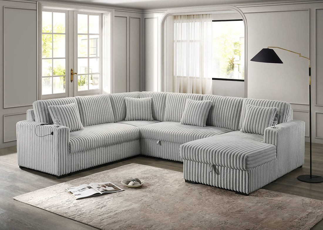 Best Quality SE141 3 pc Macey light grey striped wide corduroy fabric 121" upholstered storage chaise sectional sofa pop up sleep area.