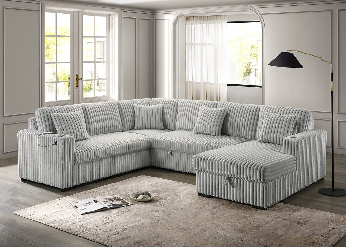 Best Quality SE141 3 pc Macey light grey striped wide corduroy fabric 121" upholstered storage chaise sectional sofa pop up sleep area.