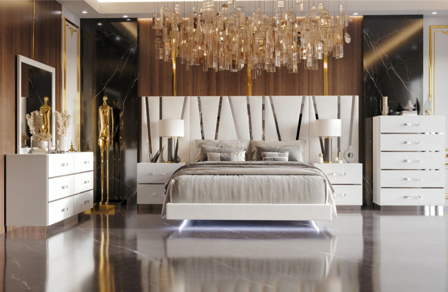 00-1840-7PC 7 pc Europa white finish wood modern white faux leather and silver accents queen bed set.