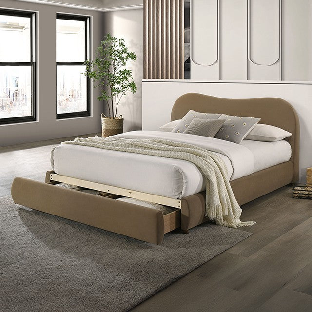 FM72019BR Grimsby brown velvet fabric upholstered curved back style queen bed storage footboard