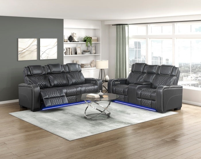 Homelegance 8449BK-2PC 2 pc Apex black top grain leather match diamond pattern power reclining sofa and love seat set LED and USB. 