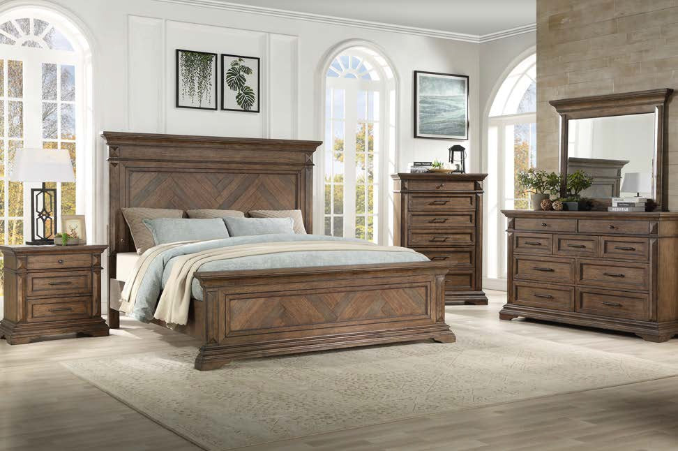 00-658-4PC 4 pc Mar Vista heirloom walnut finish wood chevron design inlay queen bed set with USB ports
