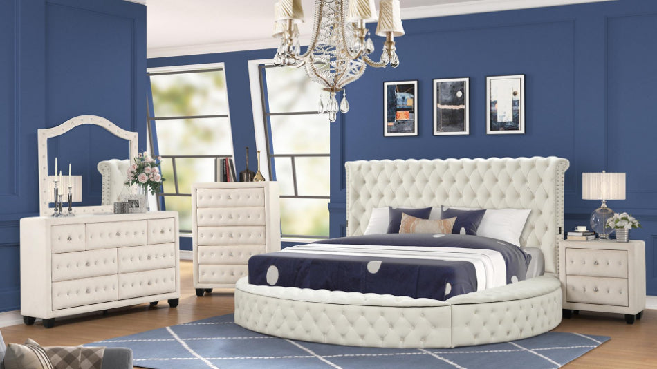Hazel-BEG-4PC Hazel beige fabric tufted round queen bedroom set with side storage units and benches