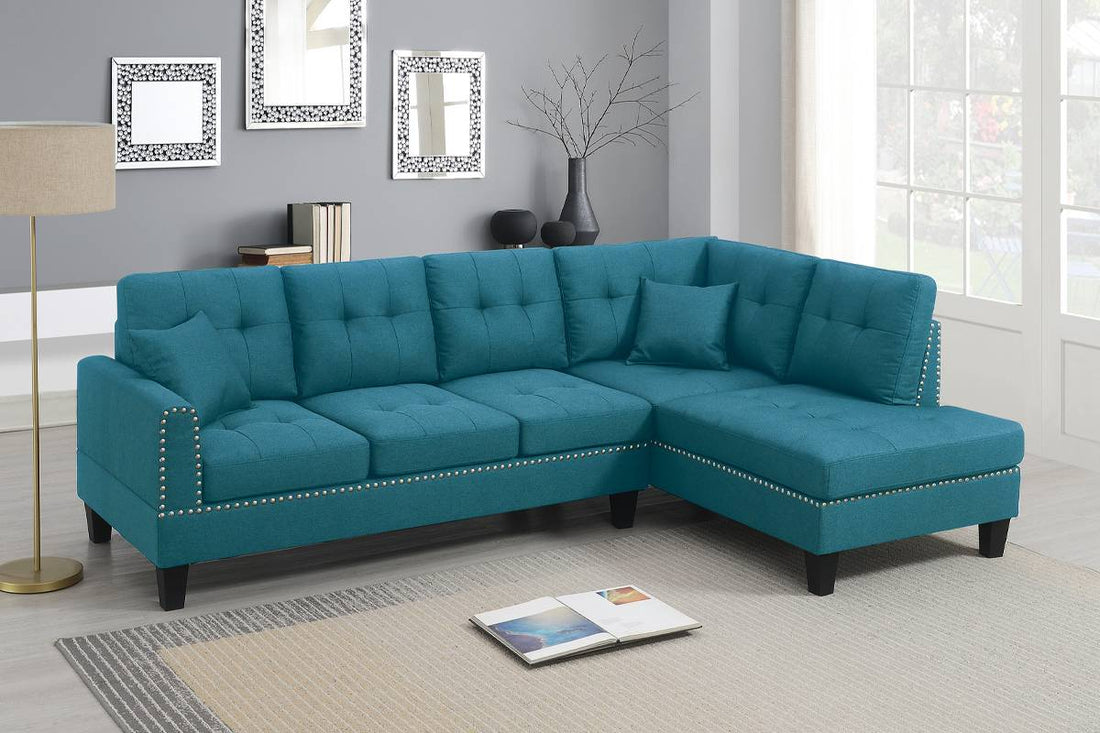 Poundex F8883 2 pc azure blue linen like fabric sectional sofa with chaise and nail head trim. ***Fall Sale Going On Now***Discounted Price When You Add To Cart up to 35% off. Click Acima Leasing Easy Lease and Application Process at ambfurniture.com