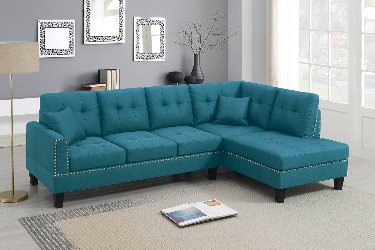 Poundex F8883 2 pc azure blue linen like fabric sectional sofa with chaise and nail head trim. ***Fall Sale Going On Now***Discounted Price When You Add To Cart up to 35% off. Click Acima Leasing Easy Lease and Application Process at ambfurniture.com
