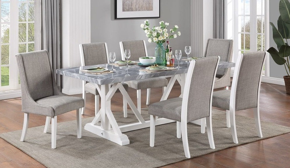 Acme DN02159-7PC 7 pc Canora grey Hollyn white wood base grey and white engineered marble top dining table set