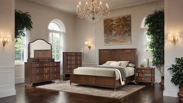 ***Christmas Sale Going On Now***FM74001CH-ST-4PC 4 pc Westerham dark cherry finish wood mid century modern queen bedroom set gold capped legs reading lights on sale at ambfurniture.com