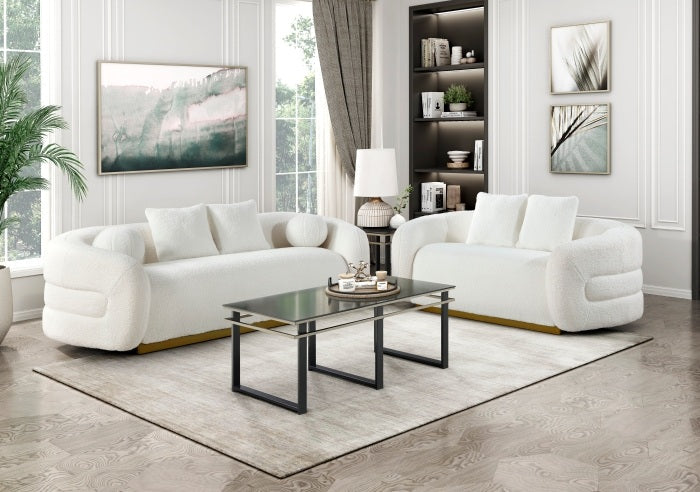 Homelegance 8568WH-2PC 2 pc Novella white sherpa fabric sofa and love seat set rounded tufted arms