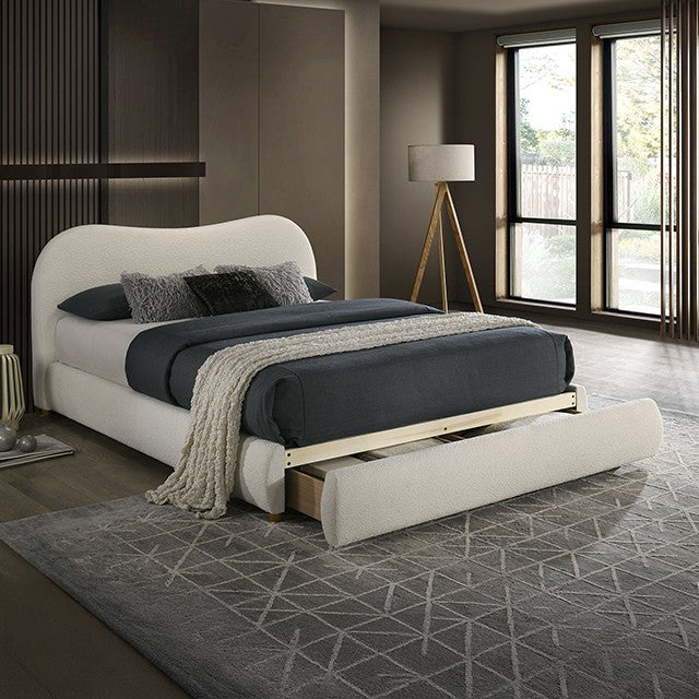 FM72019WH Grimsby white boucle fabric upholstered curved back style queen bed storage footboard