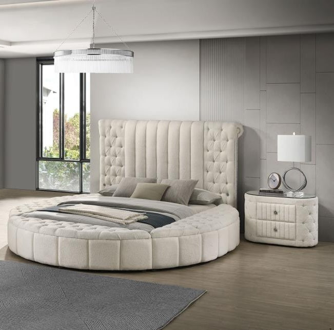 ***Christmas Sale Going On Now***Coaster 360111Q-S4 4 pc Sonya ivory boucle fabric tufted headboard round storage queen bed set with USB ports on sale at ambfurniture.com