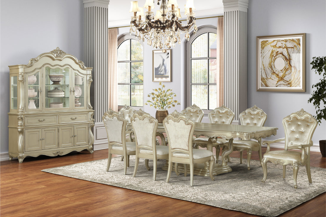 D992-7PC 7 pc Monique antique gold finish wood dining table set velvet chairs classic style heirloom craftsmanship