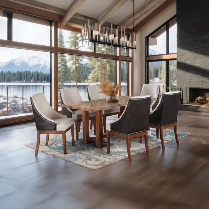 Acme DN04395-7PC 7 pc Gilsea brown finish wood chevron parquet design top dining table set.